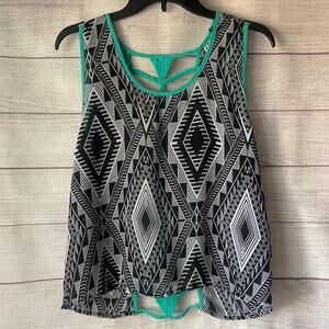 Daytrip Geometric Pattern Sleeveless Tank Top Blouse Cutout Teal Back Size Large